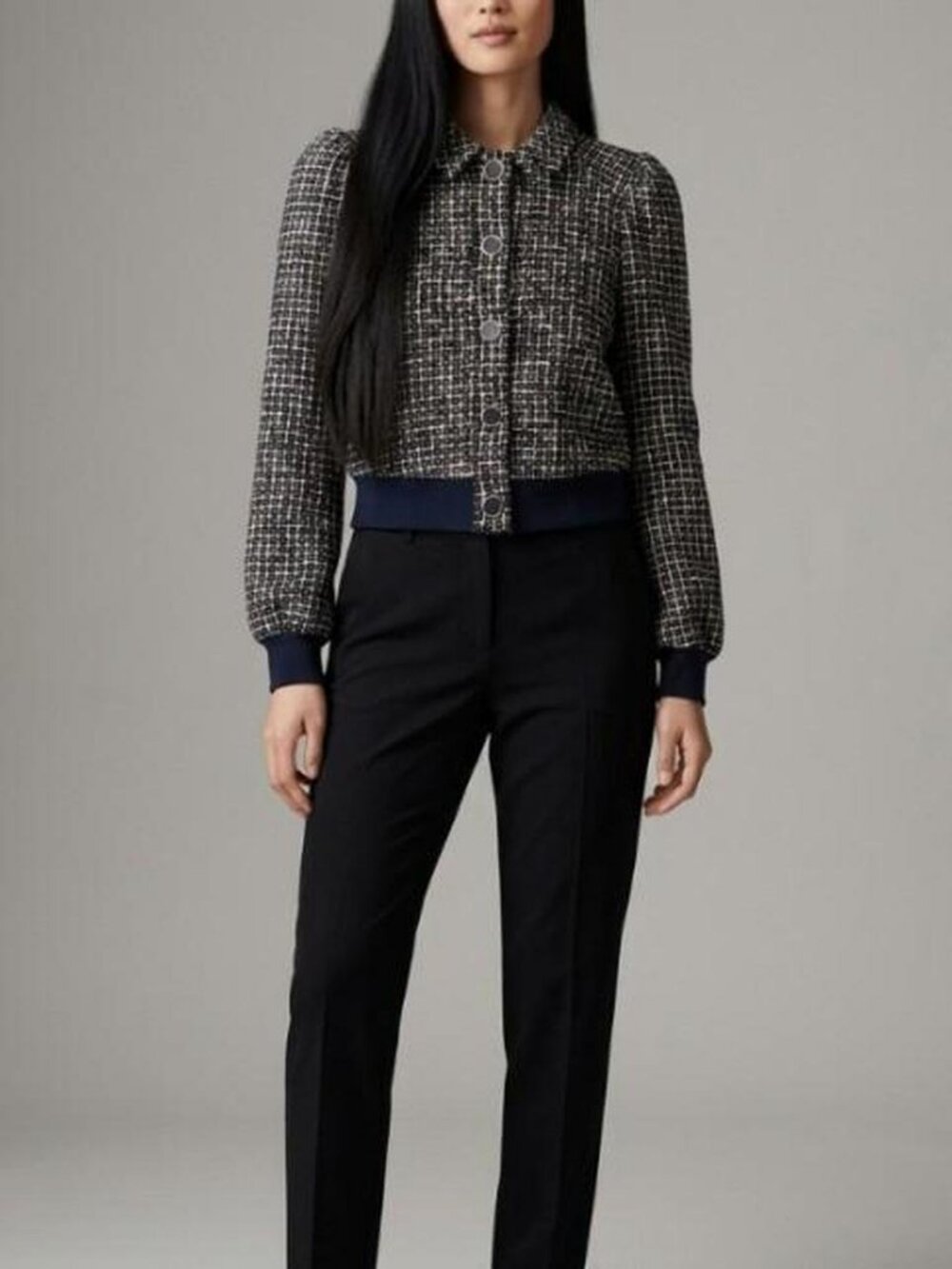 ME+EM Tweed Bomber Jacket Cotton Metallic Knit Cropped Navy Cream Gold US 4 UK 8